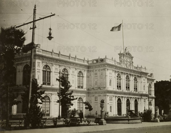 Exposition Palace in Lima. Exterior view of the Exposition Palace in Lima, built in 1870-71 and designed by Italian architect Antonio Leonardi in neo-Renaissance style. Lima, Peru, circa 1920. Lima, Lima Metropolitana, Peru, South America, South America .