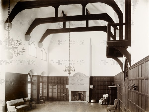 Inside Government House, Pretoria. Heavy wooden beams support the high ceiling of the main reception room inside Pretoria's Government House, designed by architect Herbert Baker and built between 1902 and 1906. Pretoria, South Africa, 1905. Pretoria, Gauteng, South Africa, Southern Africa, Africa.