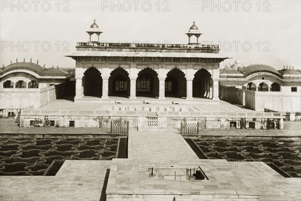 The Khas Mahal at Agra Fort. View of the Khas Mahal, a white marble palace set in a Mughal grape garden inside the Agra Fort complex. The grape garden was frequented by ladies of the royal court, and is located next to the female residential quarters. Agra, United Provinces (Uttar Pradesh), India, circa 1920. Agra, Uttar Pradesh, India, Southern Asia, Asia.