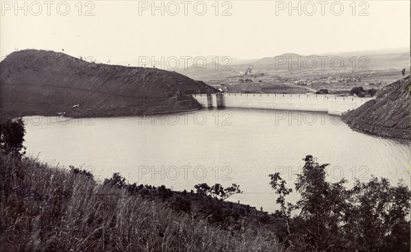 The Mari Kanive dam and reservoir. View of the reservoir behind the Mari Kanive dam. This is the oldest dam in the Indian state of Karnataka, built over the River Vedavathi by the order of Krishna Raja Wadiyar IV (1884-1940), the Maharaja of Mysore. Karnataka, India, circa 1930., Karnataka, India, Southern Asia, Asia.
