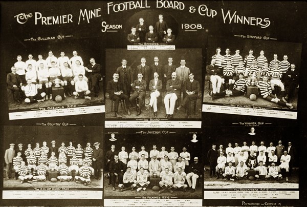 Premier Diamond Mine Football Board 1908. The Premier Diamond Mine cup winners board of the 1908 football season, featuring group portraits of the referees, members of the football board, and five prize-winning teams. South Africa, 1908. Cullinan, Gauteng, South Africa, Southern Africa, Africa.