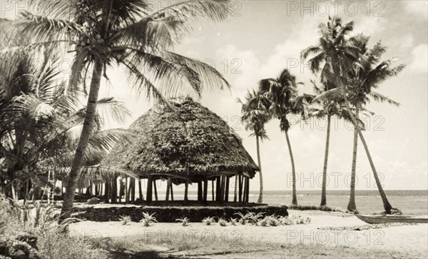 A traditional Samoan 'fale'. A traditional Samoan 'fale' (house) stands between palm trees on a sandy beach bordering the Pacific Ocean. Western Samoa (Samoa), circa 1956. Samoa, Pacific Ocean, Oceania.