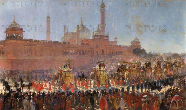 State entry procession at the Coronation Durbar. Crowds line the streets outside the Jama Masjid to watch the state entry procession of the Coronation Durbar. British dignitaries and Indian Maharajahs ride in howdahs on the backs of bejewelled elephants, amongst them Lord and Lady Curzon (front), followed by the Duke and Duchess of Connaught. Delhi, India, 29 December 1902. Delhi, Delhi, India, Southern Asia, Asia.