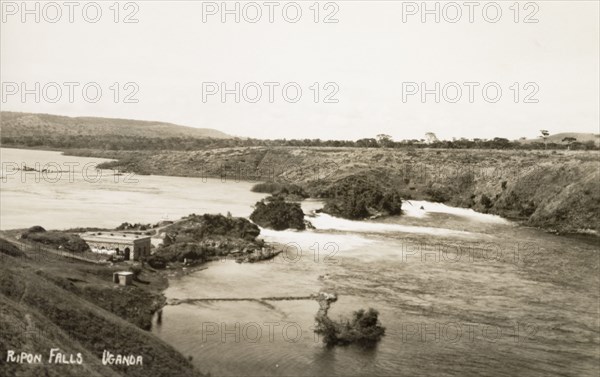 Rippon Falls, Uganda. View of Rippon Falls on the White Nile River, located near the northern end of Lake Victoria and often considered as the source of the River Nile. Near Jinja, Uganda, circa 1912. Jinja, East (Uganda), Uganda, Eastern Africa, Africa.