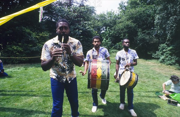 Barbadian band at a cultural festival. A Barbadian band perform at a cultural festival held at the Commonwealth Institute. London, England, circa 1985. London, London, City of, England (United Kingdom), Western Europe, Europe .