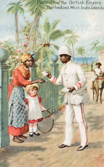 A Barbadian postman. An illustrated postcard entitled 'Postmen of the British Empire' depicts a uniformed Barbadian postman delivering mail from a sack. He hands a letter to a Barbadian domestic servant who stands at the gates of a colonial house with a European child. Barbados, circa 1905. Barbados, Caribbean, North America .