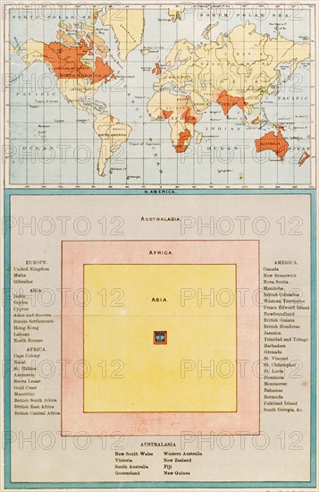 Map and diagram of the British Empire. A map highlighting the countries of the British Empire, accompanied by a diagram representing the proportions of each continent under British rule. England, circa 1899. England (United Kingdom), Western Europe, Europe .