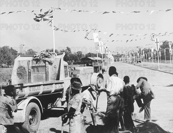 Preparation work on the new Princess Elizabeth Highway. Final preparations are made for the opening of a new road, the Princess Elizabeth Highway, shortly before a royal visit by Princess Elizabeth and the Duke of Edinburgh. Nairobi, Kenya, February 1952. Nairobi, Nairobi Area, Kenya, Eastern Africa, Africa.