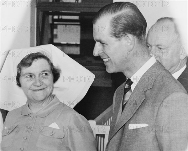 The Duke of Edinburgh at the King George VI Hospital. The Duke of Edinburgh chats with a Matron of the King George VI Hospital (now Kenyatta National Hospital) as he tours the wards during a royal visit to Kenya. Nairobi, Kenya, February 1952. Nairobi, Nairobi Area, Kenya, Eastern Africa, Africa.