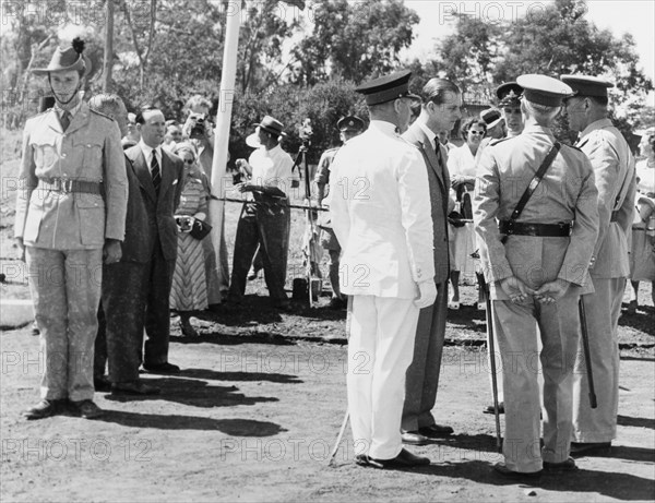 The Duke of Edinburgh meets officers of the Kenya Regiment. The Duke of Edinburgh meets with officers of the Kenya Regiment at their military headquarters in Nairobi. Nairobi, Kenya, February 1952. Nairobi, Nairobi Area, Kenya, Eastern Africa, Africa.