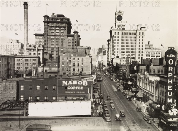 Granville Street, Vancouver. View along Granville Street looking north to False Creek, in the centre of Vancouver's commercial district. Vancouver, Canada, circa 1931. Vancouver, British Columbia, Canada, North America, North America .