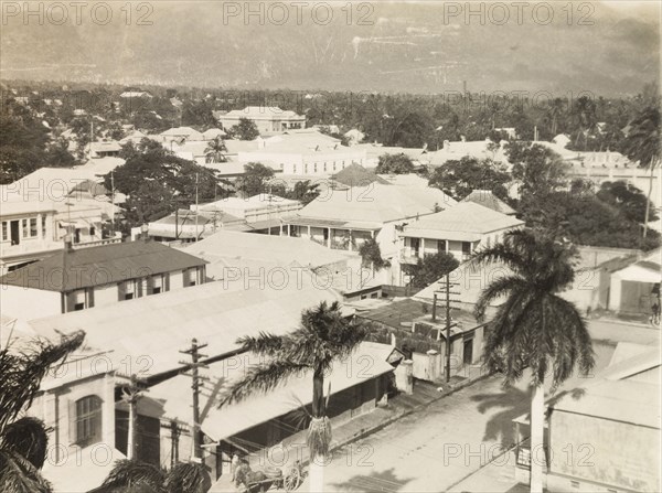 Kingston, Jamaica. View over the rooftops and trees at the Jamaican capital city of Kingston. Kingston, Jamaica, circa 1931. Kingston, Kingston, Jamaica, Caribbean, North America .