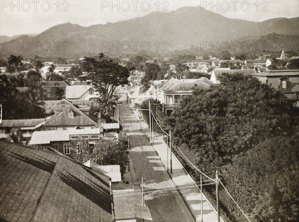 View to the Northern Range, Trinidad. View over the rooftops Port of Spain to the mountainous slopes of the Northern Range. Port of Spain, Trinidad, circa 1931. Port of Spain, Trinidad and Tobago, Trinidad and Tobago, Caribbean, North America .