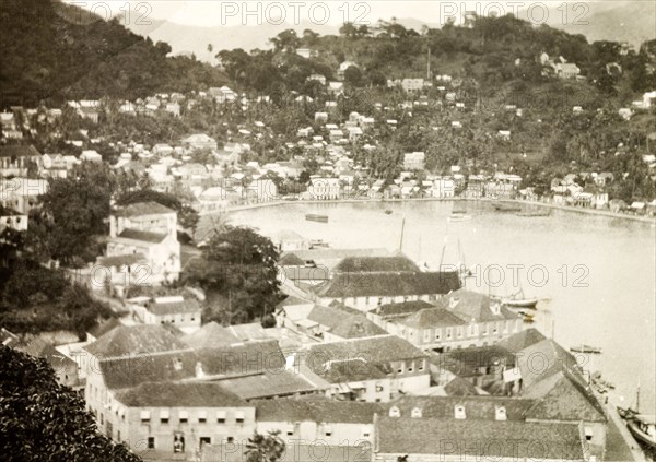 St George's Harbour, Grenada. View over the horseshoe-shaped harbour at St George, and the town which nestles at the foot of the mountains fringing the Caribbean Sea. St George, Grenada, circa 1931. St George's, St George (Grenada), Grenada, Caribbean, North America .