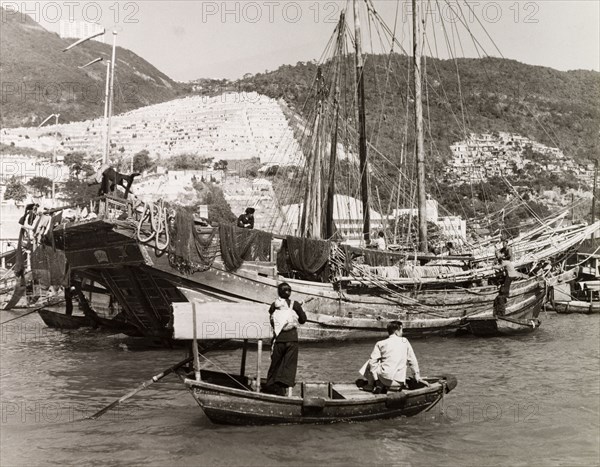 A junk in Aberdeen Harbour. A large junk is moored in Aberdeen Harbour. Aberdeen, Hong Kong, China, 1963. Aberdeen, Hong Kong, China, People's Republic of, Eastern Asia, Asia.