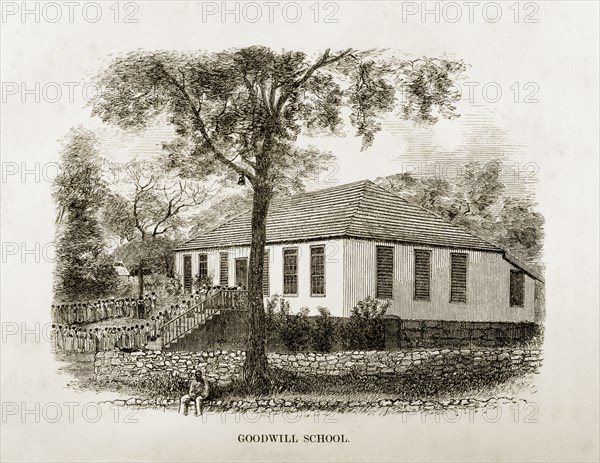 Goodwill School, Jamaica. A woodcut illustration taken from Reverend George Blythe's autobiography, 'Reminiscences of Missionary Life' (published in 1851). Jamaican schoolchildren queue in a long line outside the Goodwill School, a Scottish Presbyterian missionary school set up for the children of emancipated slaves. Trelawny, Jamaica, circa 1850., Trelawny, Jamaica, Caribbean, North America .