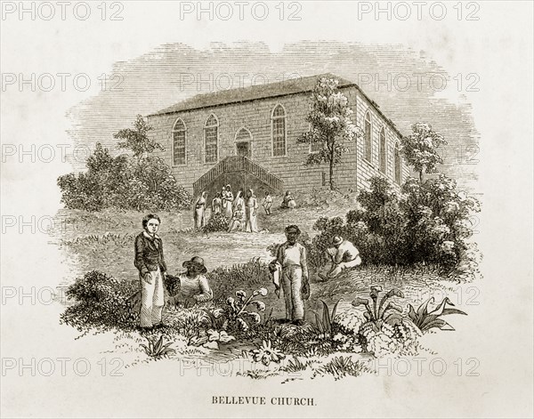 Bellevue Church, Jamaica. A woodcut illustration taken from Reverend George Blythe's autobiography, 'Reminiscences of Missionary Life' (published in 1851). People meet in the grounds of Bellevue Church, a Presbyterian church founded by the Scottish Missionary Society. Trelawny, Jamaica, circa 1850., Trelawny, Jamaica, Caribbean, North America .