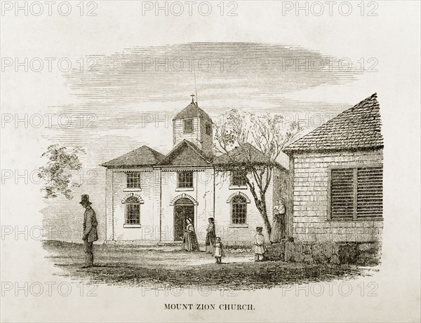 Mount Zion Church, Jamaica. A woodcut illustration of Mount Zion Church, taken from Reverend George Blythe's autobiography, 'Reminiscences of Missionary Life' (published in 1851). This was a Presbyterian church founded by the Scottish Missionary Society. St James, Jamaica, circa 1850., St James (Jamaica), Jamaica, Caribbean, North America .