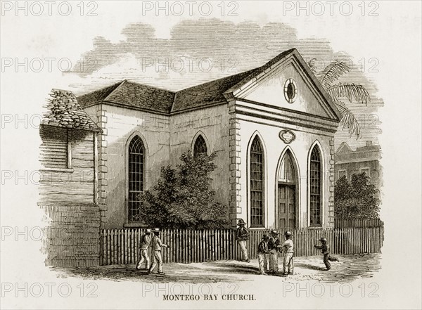 Montego Bay Presbyterian Church. A woodcut illustration of a church at Montego Bay, taken from Reverend George Blythe's autobiography, 'Reminiscences of Missionary Life' (published in 1851). This was a Presbyterian church founded by the Scottish Missionary Society. Montego Bay, Jamaica, circa 1850. Montego Bay, St James (Jamaica), Jamaica, Caribbean, North America .