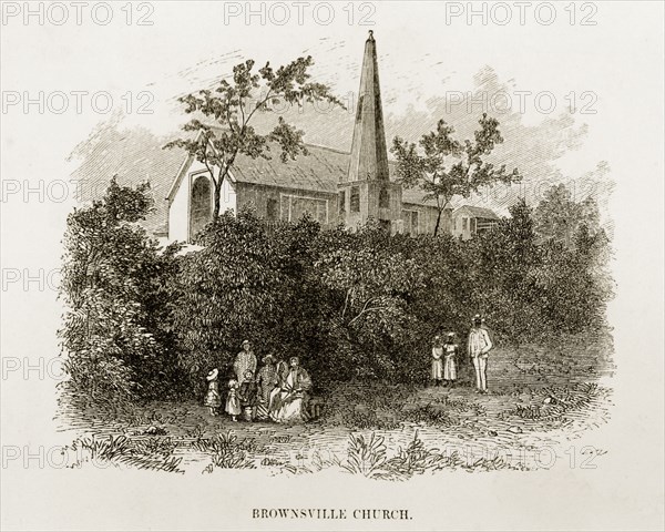Brownsville Church, Jamaica. A woodcut illustration of Brownsville Church, taken from Reverend George Blythe's autobiography, 'Reminiscences of Missionary Life' (published in 1851). The church with its distinctive spire was built by Scottish Presbyterian missionaries in the 1840s. Hanover, Jamaica, circa 1850., Hanover, Jamaica, Caribbean, North America .