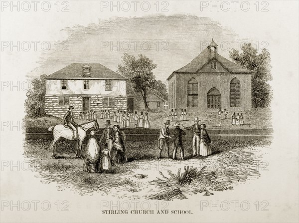 Stirling Church and Mission School, Jamaica. A woodcut illustration of Stirling Church and Mission School, taken from Reverend George Blythe's autobiography, 'Reminiscences of Missionary Life' (published in 1851). Scottish Presbyterian missionaries established both church and school. Westmoreland, Jamaica, circa 1850., Westmoreland, Jamaica, Caribbean, North America .
