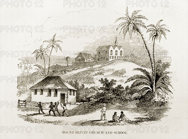 Mount Olivet Church and Mission School, Jamaica. A woodcut illustration of Mount Olivet Church and Mission School, taken from Reverend George Blythe's autobiography, 'Reminiscences of Missionary Life' (published in 1851). Scottish Presbyterian missionaries established both church (top of hill) and school (below). Mile Gully, Jamaica, circa 1850. Mile Gully, Manchester, Jamaica, Caribbean, North America .