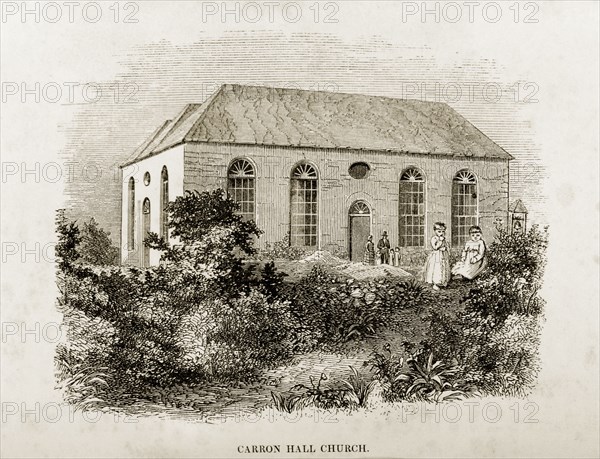 Carron Hall Church, Jamaica. A woodcut illustration of Carron Hall Church, taken from Reverend George Blythe's autobiography, 'Reminiscences of Missionary Life' (published in 1851). The stone church was built by Scottish Presbyterian missionaries in 1845 and replaced an earlier wooden residence that had previously served as a church. St Mary, Jamaica, circa 1850., St Mary (Jamaica), Jamaica, Caribbean, North America .