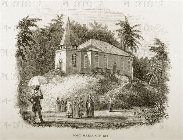 Port Maria Presbyterian Church. A woodcut illustration of Port Maria Church (now Kirk Church), taken from Reverend George Blythe's autobiography, 'Reminiscences of Missionary Life' (published in 1851). The church was built by Scottish Presbyterian missionaries in 1832 under the direction of Reverend John Chamberlain. Port Maria, Jamaica, circa 1850. Port Maria, St Mary (Jamaica), Jamaica, Caribbean, North America .