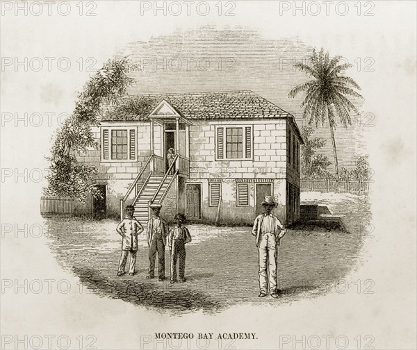Montego Bay Academy, Jamaica. A woodcut illustration of Montego Bay Academy, taken from Reverend George Blythe's autobiography, 'Reminiscences of Missionary Life' (published in 1851). Established by Scottish Presbyterian missionaries in the 1840s, the college's principal aim was to train young men for teaching and missionary work. Montego Bay, Jamaica, circa 1850. Montego Bay, St James (Jamaica), Jamaica, Caribbean, North America .