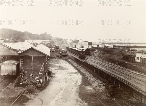 Passenger train departing from Port of Spain. A passenger train departs from Port of Spain railway terminus. Port of Spain, Trinidad, circa 1912. Port of Spain, Trinidad and Tobago, Trinidad and Tobago, Caribbean, North America .