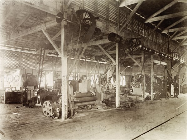 Locomotive Department's machine shop, Trinidad. The interior of a machine shop belonging to Trinidad Government Railway's Locomotive Department. Trinidad, circa 1912., Trinidad and Tobago, Trinidad and Tobago, Caribbean, North America .