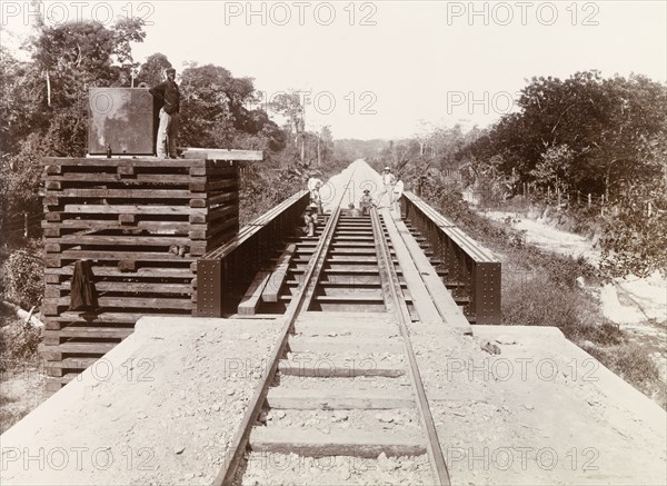 Trinidad Bridge over the Balata River. View across Trinidad Bridge, a railway bridge over the Balata River on the Sangre Grand railway line. Trinidad, circa 1912., Trinidad and Tobago, Trinidad and Tobago, Caribbean, North America .