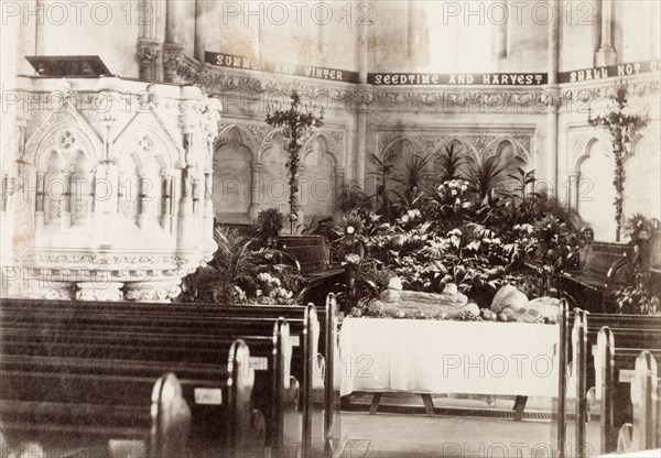 Harvest Festival, Calcutta. The alter of a church laid out with fruit and vegetables for the Harvest Festival. Calcutta (Kolkata), India, circa 1905. Kolkata, West Bengal, India, Southern Asia, Asia.