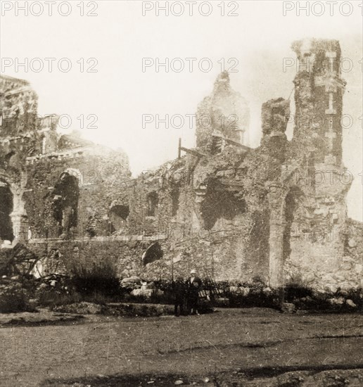 Ruins of Albert Cathedral, France. The ruins of Albert Cathedral, a Romanesque basilica damaged by German and British artillery fire at the Western Front during the First World War (1914-1919). Albert, Picardie, France, 1919., Picardie, France, Western Europe, Europe .