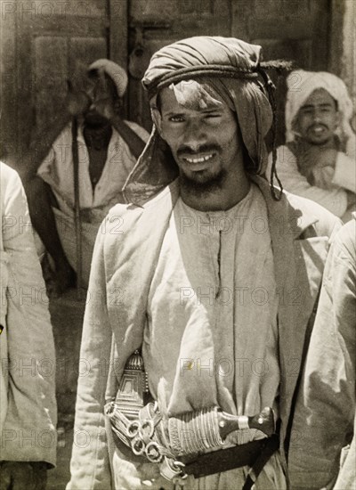 Kanuri dhow captain. Portrait of a Kanuri dhow captain, carrying a large crooked 'jembia' (dagger) in his belt. Zanzibar (Tanzania), circa 1947. Zanjan, Zanjan, Iran, Middle East, Asia.