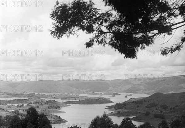 Lake Bunyonyi, Uganda. View across Lake Bunyonyi in south-west Uganda, close to the border with Belgian Rwanda. West Uganda, circa 1935., West (Uganda), Uganda, Eastern Africa, Africa.