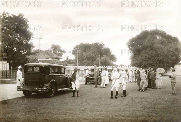 Lord Irwin arriving at welcoming reception. Lord Irwin, Viceroy of India, arrives in a Rolls Royce for a tour of the kennels and stables owned by Muhammad Iftikhar Ali Khan, Nawab of Jaora. Jaora State, Malwa Agency (Madhya Pradesh), India, 3 August 1928., Madhya Pradesh, India, Southern Asia, Asia.