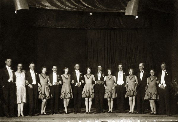 Cabaret performance at Orpheus Theatre. Officers of the West Yorkshire Regiment (The Prince of Wales's Own) join in a cabaret show at the Orpheus Theatre. Mhow, Indore State (Madhya Pradesh), India, March 1929. Indore, Madhya Pradesh, India, Southern Asia, Asia.