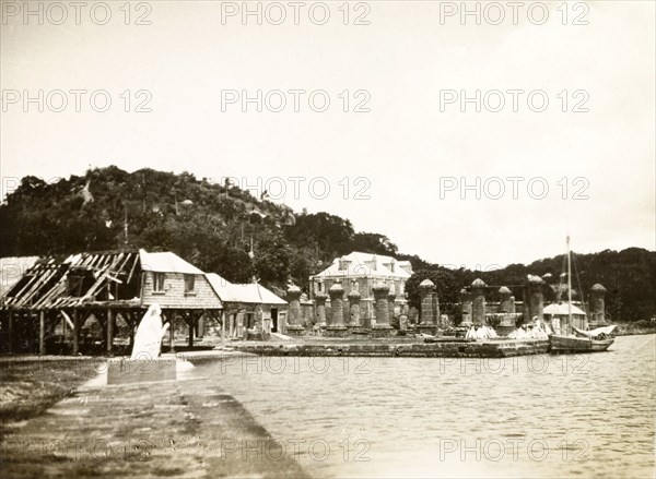 Former Royal Navy dockyard, Antigua. The old masthouse at a historic dockyard in English Harbour, used by the British Royal Navy as their Caribbean base from the early 18th century until 1899. It has since been renamed Nelson's Dockyard in honour of Admiral Horatio Nelson, who frequented the area from 1784-87. Antigua, circa 1931. Antigua and Barbuda, Caribbean, North America .