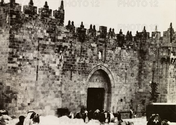 Damascus Gate, Jerusalem. View of Damascus Gate (or Nablus Gate) on the northern section of Jerusalem's old city walls. Jerusalem, British Mandate of Palestine (Israel), circa 1942. Jerusalem, Jerusalem, Israel, Middle East, Asia.