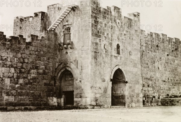 Herod's Gate, Jerusalem. View of Herod's Gate on the northern section of Jerusalem's old city walls. Jerusalem, British Mandate of Palestine (Israel), circa 1942. Jerusalem, Jerusalem, Israel, Middle East, Asia.
