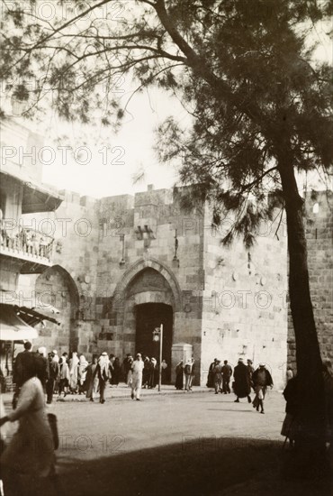 Jaffa Gate, Jerusalem. View of Jaffa Gate on the western section of Jerusalem's old city walls. Jerusalem, British Mandate of Palestine (Israel), circa 1942. Jerusalem, Jerusalem, Israel, Middle East, Asia.