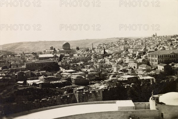 Jerusalem. View across the city of Jerusalem to the golden dome of the Mosque of Umar (Dome of the Rock). Jerusalem, British Mandate of Palestine (Israel), circa 1942. Jerusalem, Jerusalem, Israel, Middle East, Asia.