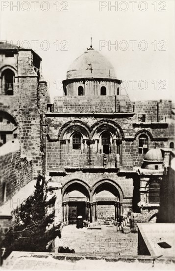 Church of the Holy Sepulchre, Jerusalem. Exterior view of Church of the Holy Sepulchre, a Christian church believed to be built over Calvary (Golgotha), the hill on which Jesus was crucified. Jerusalem, British Mandate of Palestine (Israel), circa 1942. Jerusalem, Jerusalem, Israel, Middle East, Asia.