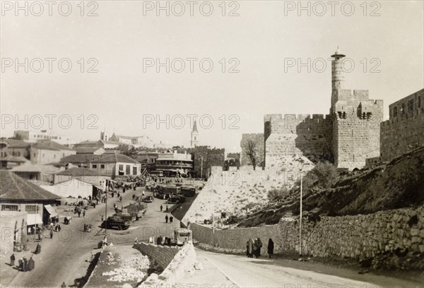 Tower of David, Jerusalem. View of the Tower of David, a medieval fortress in Jerusalem. Jerusalem, British Mandate of Palestine (Israel), circa 1942. Jerusalem, Jerusalem, Israel, Middle East, Asia.