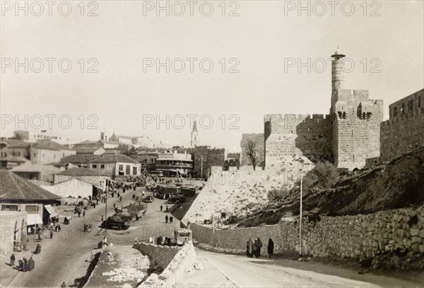 Tower of David, Jerusalem. View of the Tower of David, a medieval fortress in Jerusalem. Jerusalem, British Mandate of Palestine (Israel), circa 1942. Jerusalem, Jerusalem, Israel, Middle East, Asia.