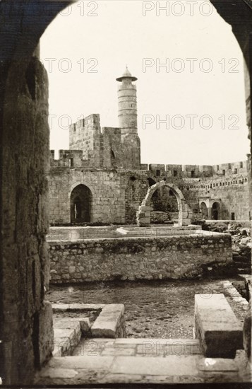 Tower of David, Jerusalem. View through an archway to the Tower of David fort complex in Jerusalem. Jerusalem, British Mandate of Palestine (Israel), circa 1942. Jerusalem, Jerusalem, Israel, Middle East, Asia.