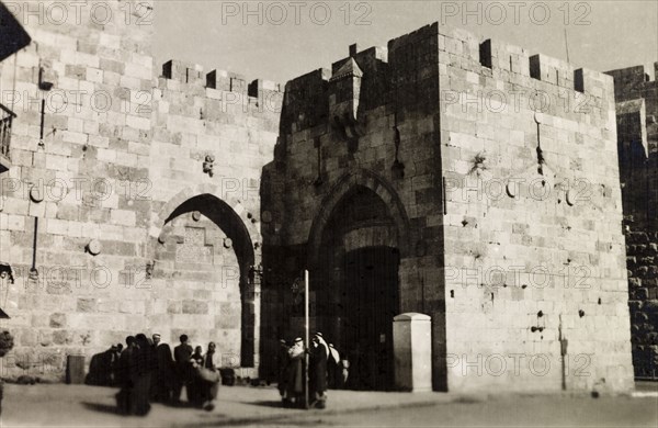 Jaffa Gate, Jerusalem. View of Jaffa Gate on the western section of Jerusalem's old city walls. Jerusalem, British Mandate of Palestine (Israel), circa 1942. Jerusalem, Jerusalem, Israel, Middle East, Asia.