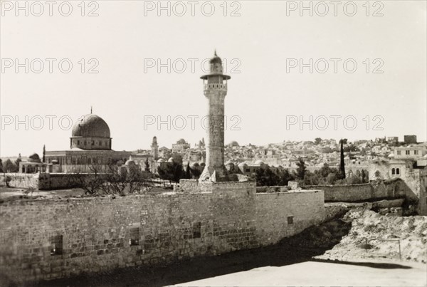 Dome of the Rock overlooking Jerusalem. View of the Dome of the Rock (also known as Mosque of Umar) on Temple Mount, overlooking the city of Jerusalem. Jerusalem, British Mandate of Palestine (Israel), circa 1942. Jerusalem, Jerusalem, Israel, Middle East, Asia.