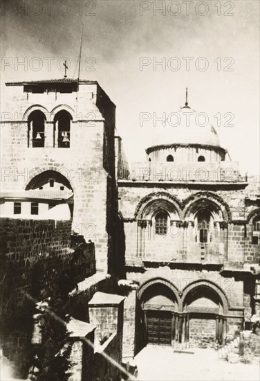 Church of the Holy Sepulchre, Jerusalem. Exterior view of the Church of the Holy Sepulchre, a Christian church believed to be built over Calvary (Golgotha), the hill on which Jesus was crucified. Jerusalem, British Mandate of Palestine (Israel), circa 1942. Jerusalem, Jerusalem, Israel, Middle East, Asia.